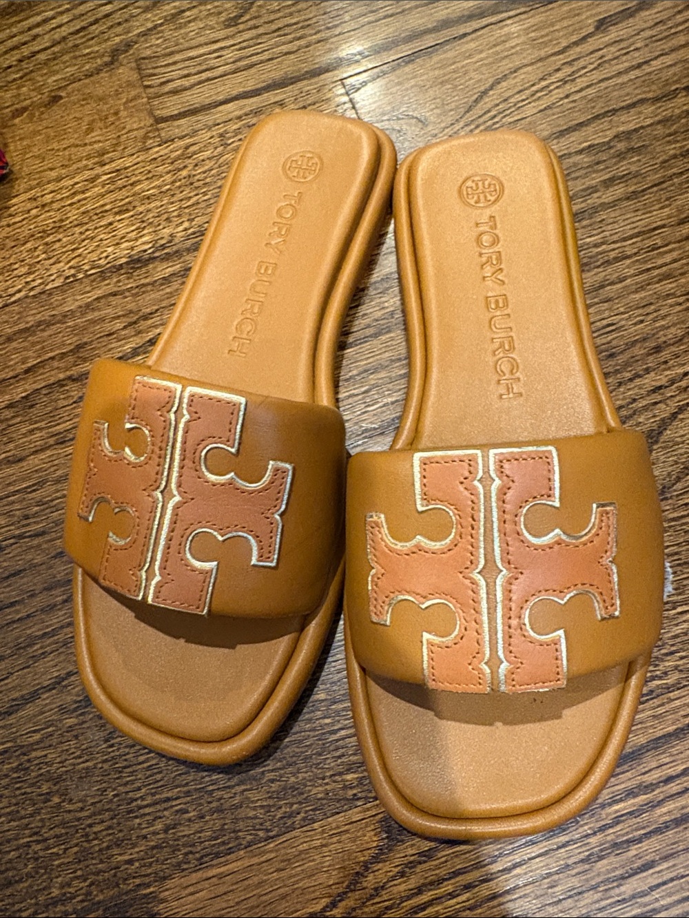 Tory Burch Cognac Leather Logo Slide Sandals - Picture 2 of 5